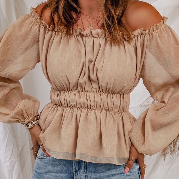 Frill Trim Off-Shoulder Elastic Waist Blouse - Picture 3 of 3